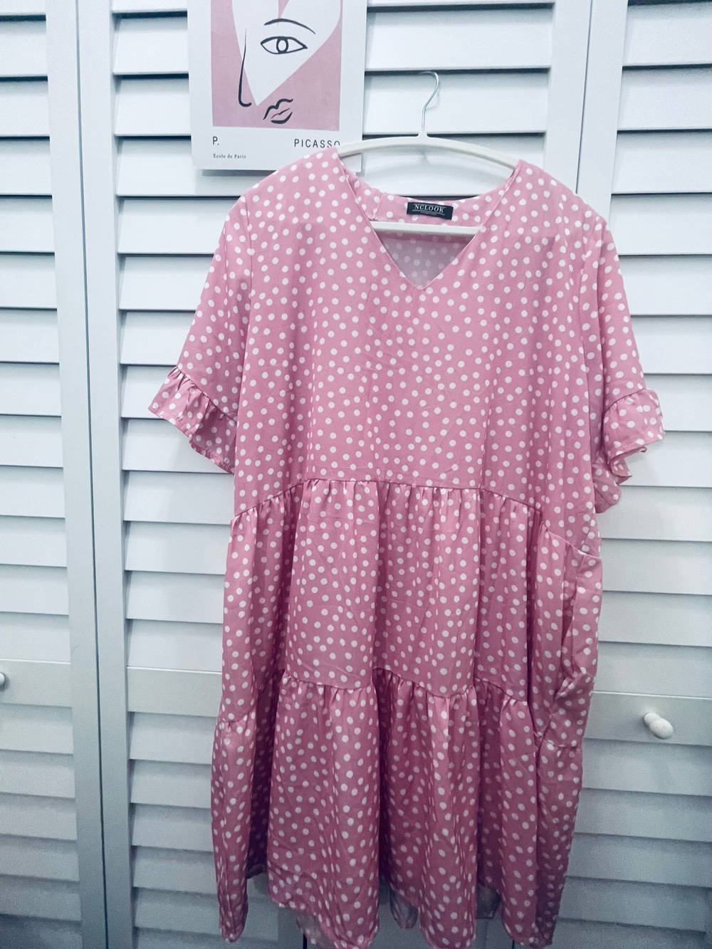 NCLOOK Pink Polka Dot Ruffled Bell Sleeve Tiered V-Neck Dress Size XL